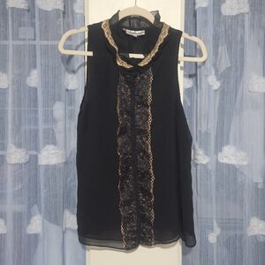 Jennifer Lopez Button-Up Sleeveless Blouse with Gold Lace Ruffle Trim Detailing